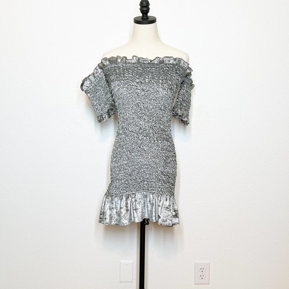 NWT Petersyn X Revolve Benson Smocked Mini Dress Steel Silver Small - Picture 3 of 12
